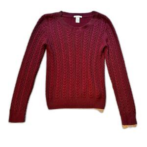 H&M Burgundy Red Y2K Cable Knit Sweater Cotton Pullover Crew Neck Jumper Size XS